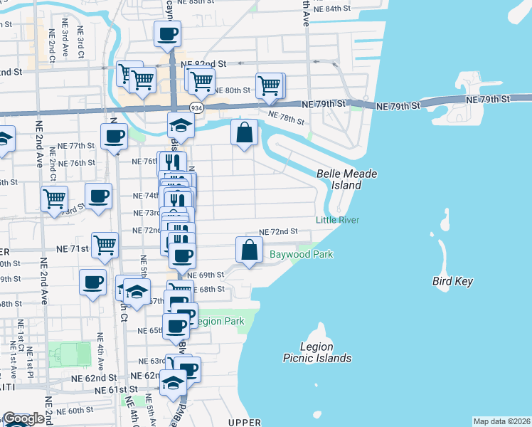 map of restaurants, bars, coffee shops, grocery stores, and more near 805 Northeast 72nd Terrace in Miami