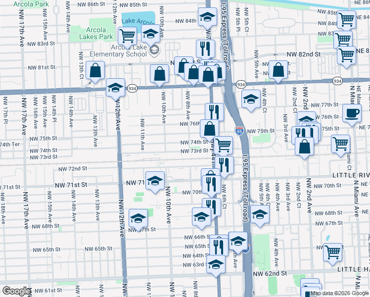 map of restaurants, bars, coffee shops, grocery stores, and more near 7310 Northwest 8th Avenue in Miami