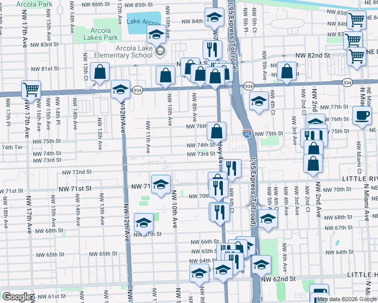 map of restaurants, bars, coffee shops, grocery stores, and more near 7310 Northwest 8th Avenue in Miami