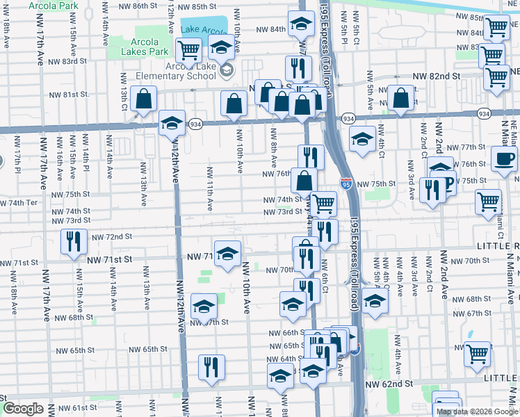 map of restaurants, bars, coffee shops, grocery stores, and more near 869 Northwest 73rd Street in Miami