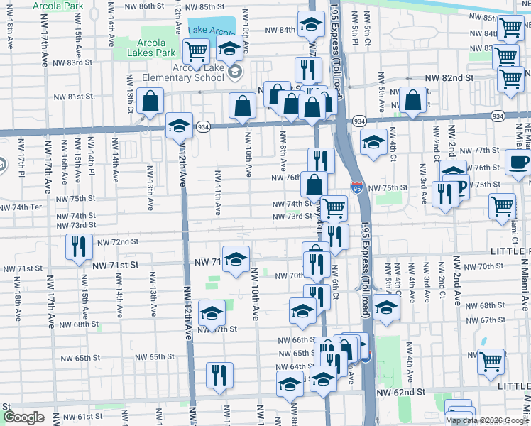 map of restaurants, bars, coffee shops, grocery stores, and more near 869 Northwest 73rd Street in Miami