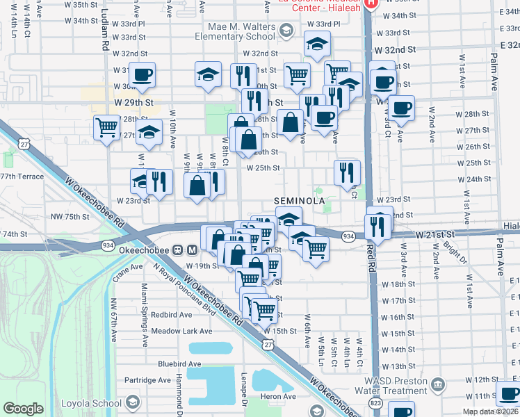 map of restaurants, bars, coffee shops, grocery stores, and more near 691 West 22nd Street in Hialeah
