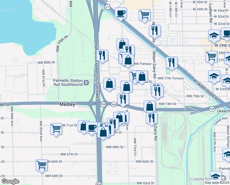 map of restaurants, bars, coffee shops, grocery stores, and more near 7580 NW 74th Ave in Medley