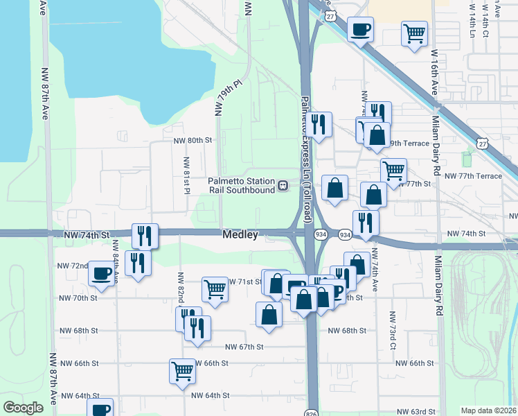 map of restaurants, bars, coffee shops, grocery stores, and more near 7440 Northwest 79th Avenue in Medley