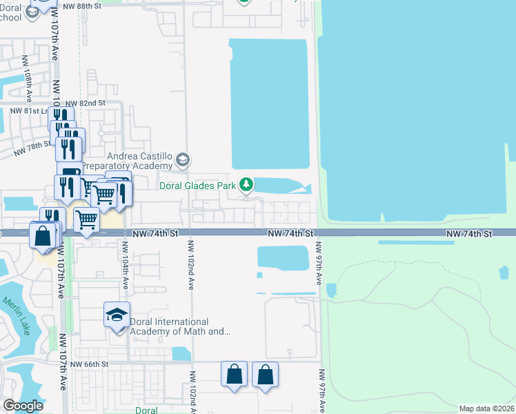 map of restaurants, bars, coffee shops, grocery stores, and more near 7509 Northwest 99 Avenue in Doral