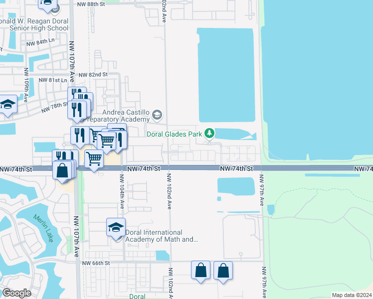 map of restaurants, bars, coffee shops, grocery stores, and more near 10061 Northwest 75th Street in Doral