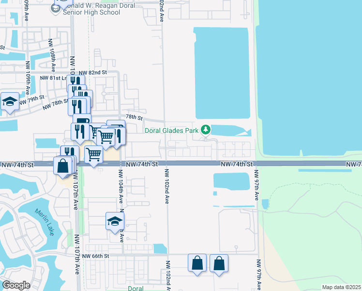 map of restaurants, bars, coffee shops, grocery stores, and more near 10061 Northwest 75th Street in Doral