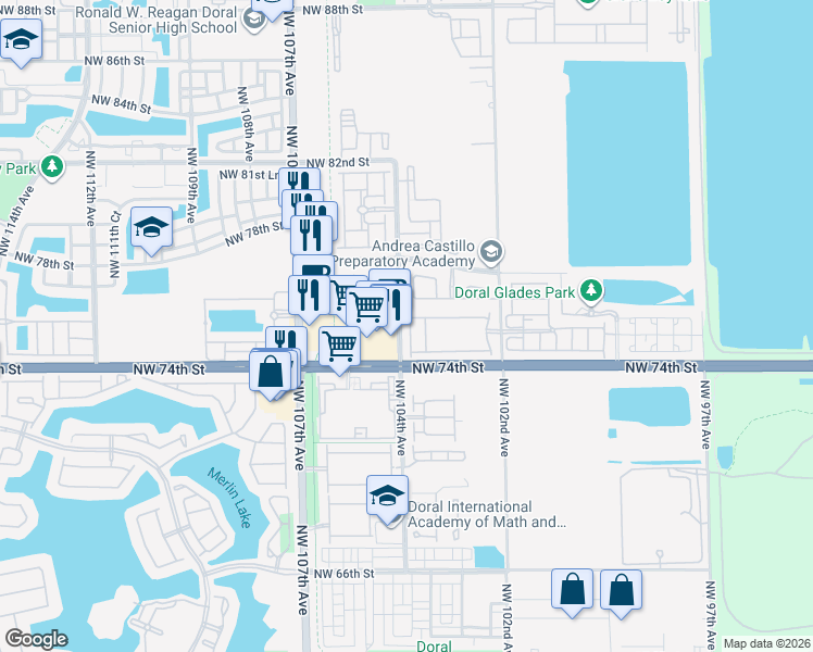 map of restaurants, bars, coffee shops, grocery stores, and more near 7512 Northwest 103rd Court in Doral