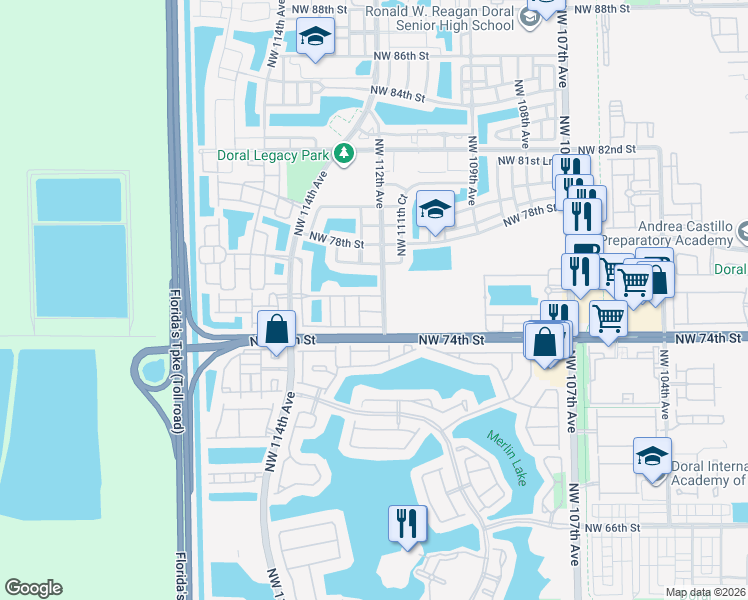 map of restaurants, bars, coffee shops, grocery stores, and more near 11228 Northwest 75th Lane in Medley