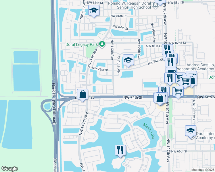 map of restaurants, bars, coffee shops, grocery stores, and more near 11228 Northwest 75th Lane in Medley