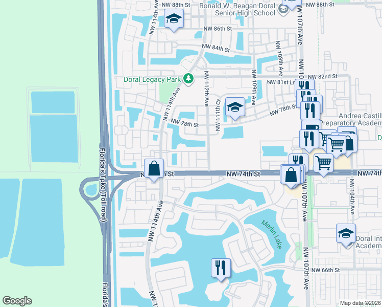 map of restaurants, bars, coffee shops, grocery stores, and more near 7551 Northwest 113th Court in Medley