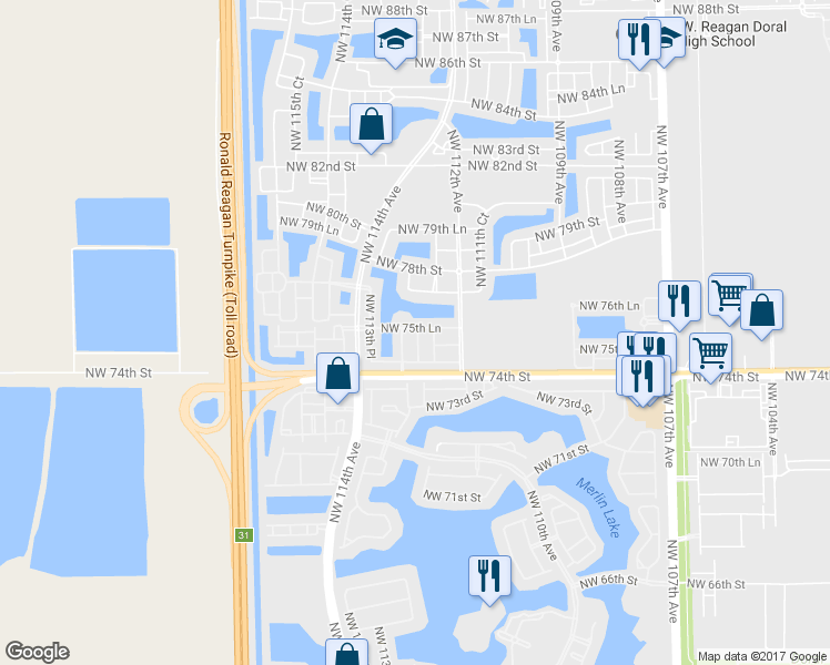 map of restaurants, bars, coffee shops, grocery stores, and more near 7551 Northwest 113th Court in Medley