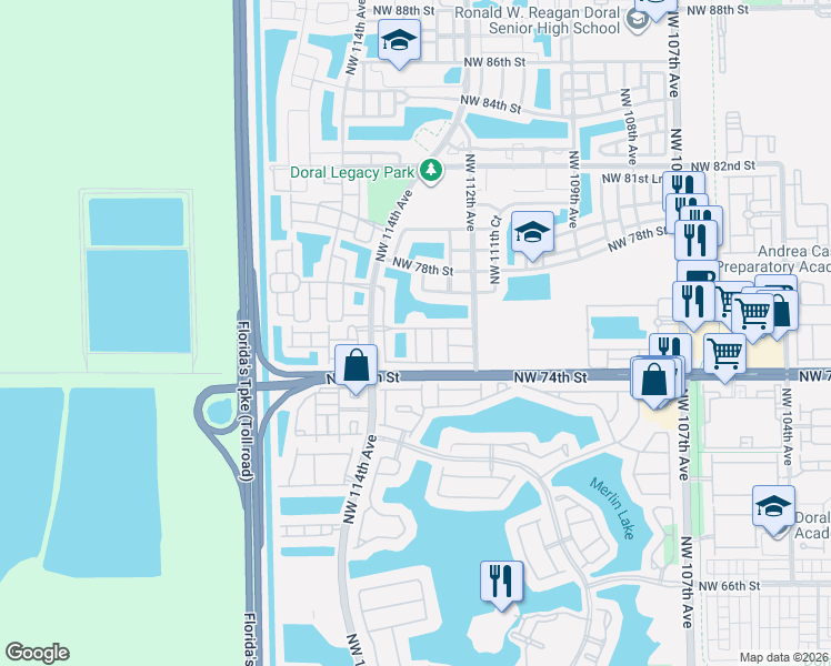map of restaurants, bars, coffee shops, grocery stores, and more near 7551 Northwest 113th Court in Medley