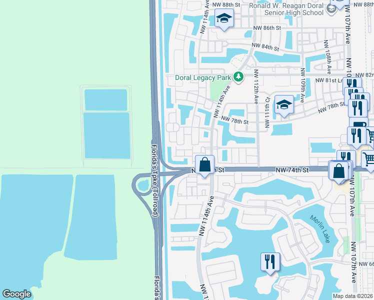 map of restaurants, bars, coffee shops, grocery stores, and more near 7490 Northwest 115th Court in Medley