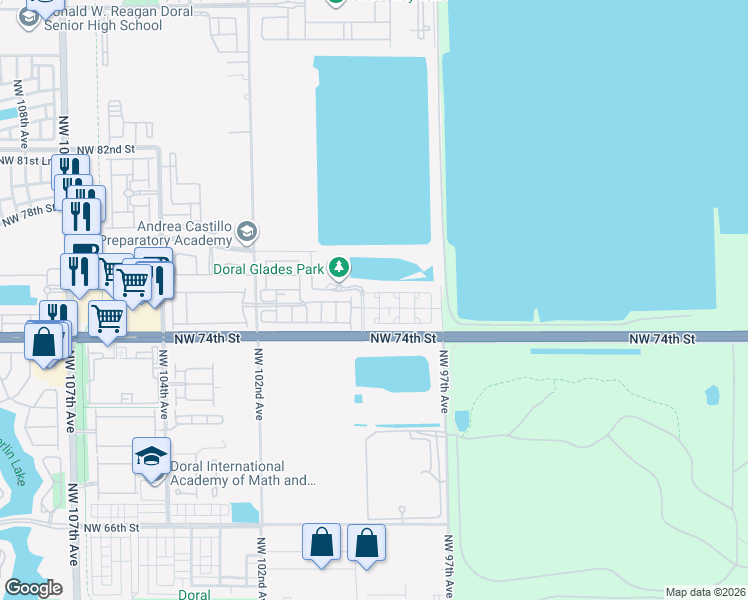 map of restaurants, bars, coffee shops, grocery stores, and more near 7509 Northwest 99 Avenue in Doral