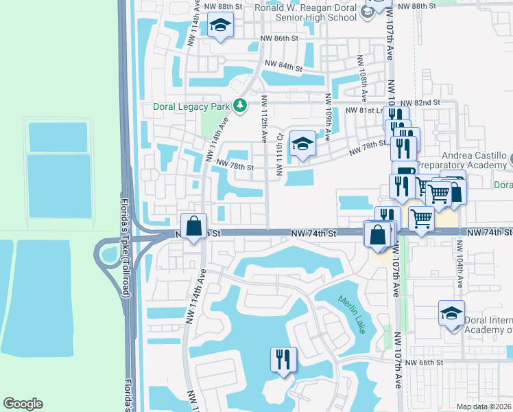 map of restaurants, bars, coffee shops, grocery stores, and more near 11228 Northwest 75th Lane in Medley