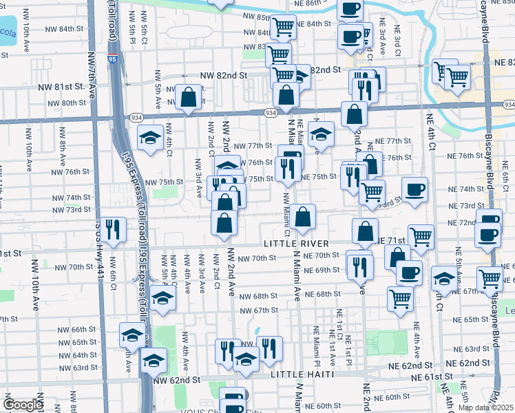 map of restaurants, bars, coffee shops, grocery stores, and more near 150 Northwest 73rd Street in Miami
