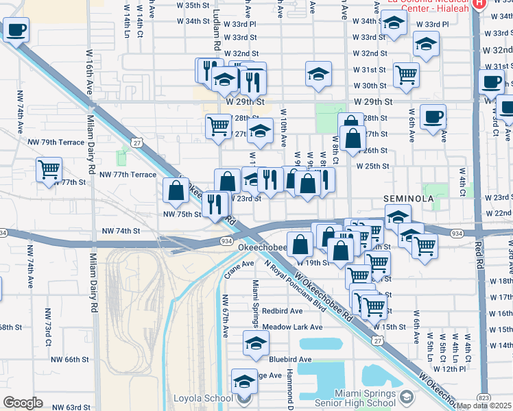 map of restaurants, bars, coffee shops, grocery stores, and more near 2255 West 11th Avenue in Hialeah