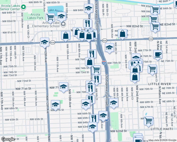 map of restaurants, bars, coffee shops, grocery stores, and more near 715 Northwest 73rd Street in Miami