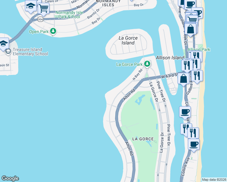 map of restaurants, bars, coffee shops, grocery stores, and more near 5970 North Bay Road in Miami Beach