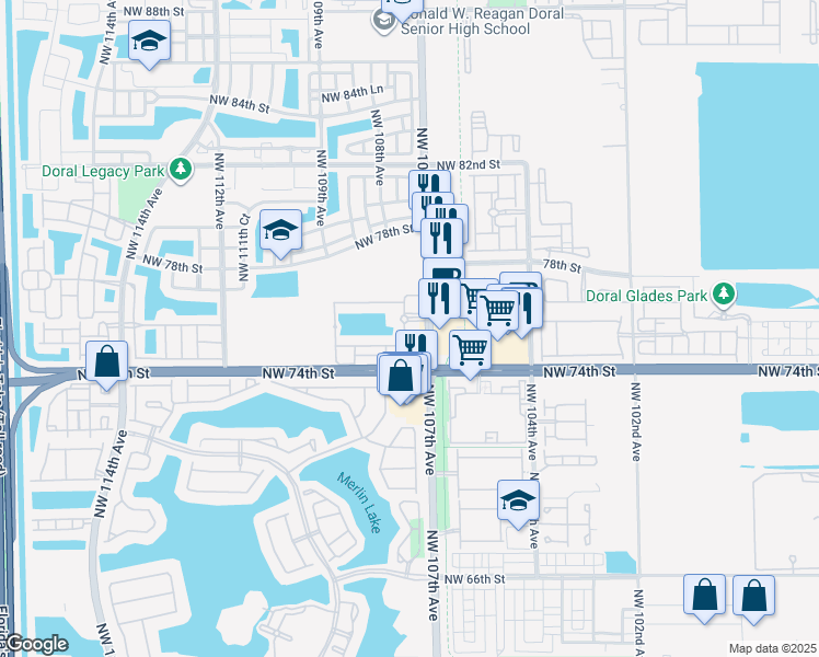 map of restaurants, bars, coffee shops, grocery stores, and more near 7510 Northwest 107th Place in Doral