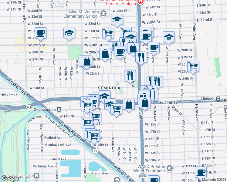 map of restaurants, bars, coffee shops, grocery stores, and more near 2210 West 5th Way in Hialeah