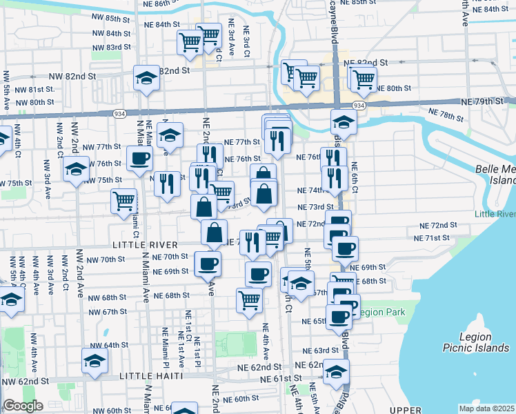 map of restaurants, bars, coffee shops, grocery stores, and more near 355 Northeast 72nd Terrace in Miami