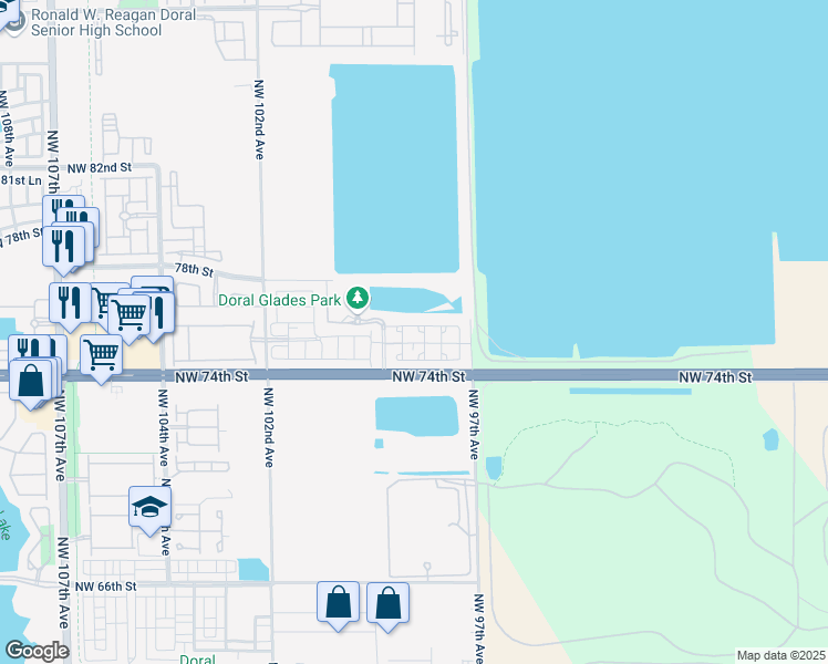 map of restaurants, bars, coffee shops, grocery stores, and more near 9825 Northwest 75th Street in Doral