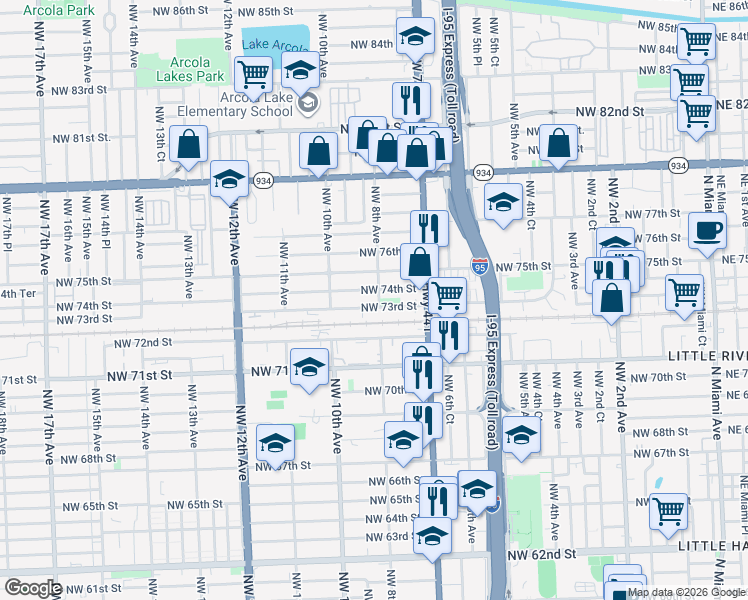 map of restaurants, bars, coffee shops, grocery stores, and more near 7310 Northwest 8th Avenue in Miami
