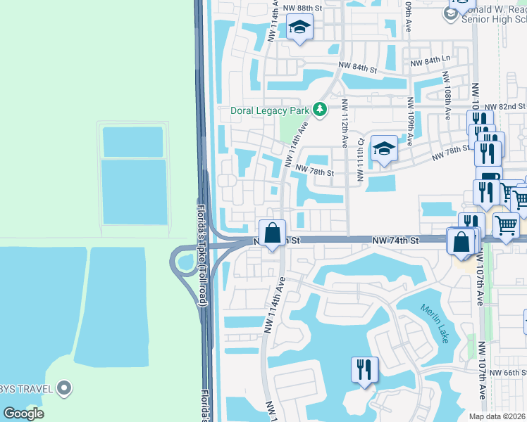 map of restaurants, bars, coffee shops, grocery stores, and more near 7510 Northwest 114th Place in Medley