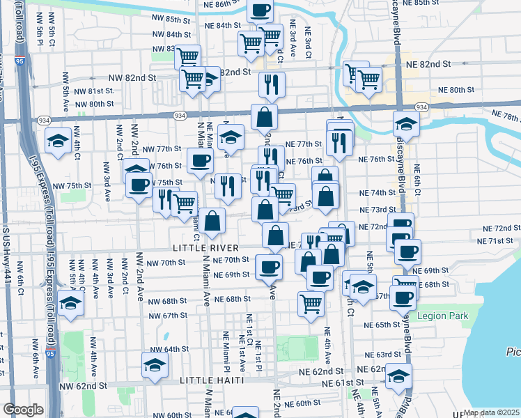 map of restaurants, bars, coffee shops, grocery stores, and more near 171 Northeast 73rd Street in Miami