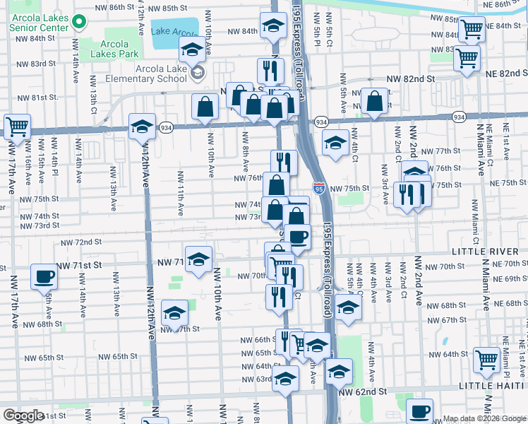 map of restaurants, bars, coffee shops, grocery stores, and more near 715 Northwest 73rd Street in Miami