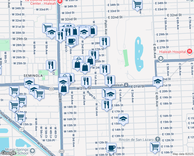 map of restaurants, bars, coffee shops, grocery stores, and more near 121 West 22nd Street in Hialeah
