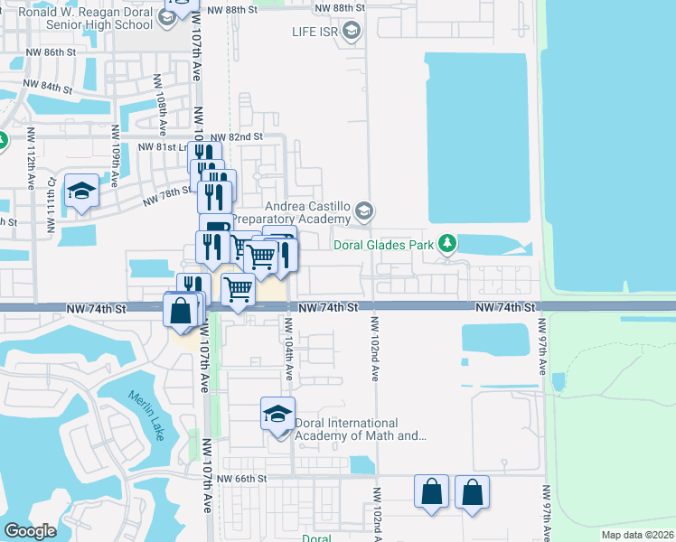 map of restaurants, bars, coffee shops, grocery stores, and more near 10250 Northwest 75th Terrace in Doral