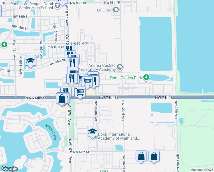 map of restaurants, bars, coffee shops, grocery stores, and more near 10250 Northwest 75th Terrace in Doral
