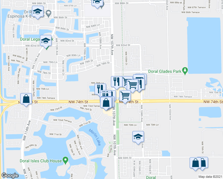map of restaurants, bars, coffee shops, grocery stores, and more near 7570 Northwest 104th Avenue in Doral