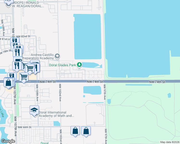 map of restaurants, bars, coffee shops, grocery stores, and more near 9825 Northwest 75th Street in Doral