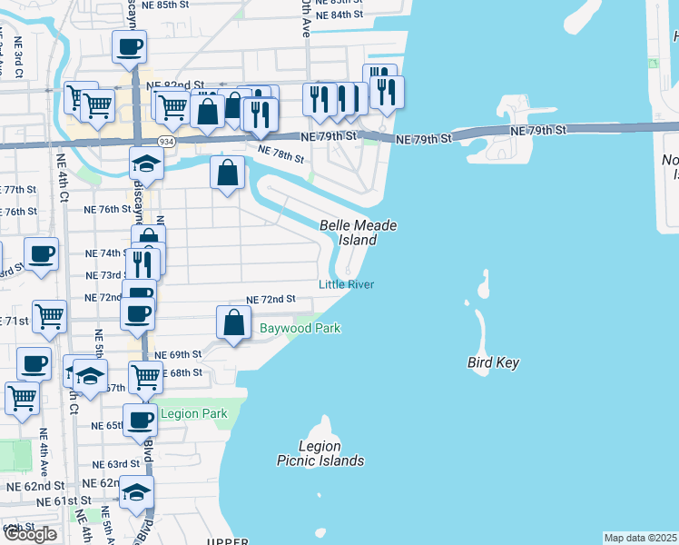 map of restaurants, bars, coffee shops, grocery stores, and more near 7300 Belle Meade Island Drive in Miami
