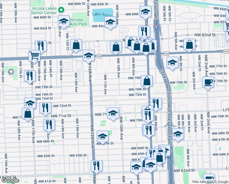 map of restaurants, bars, coffee shops, grocery stores, and more near 1041 Northwest 73rd Street in Miami