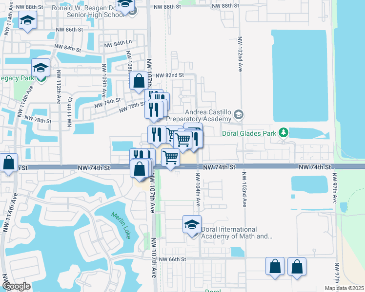 map of restaurants, bars, coffee shops, grocery stores, and more near 7520 Northwest 104th Avenue in Doral