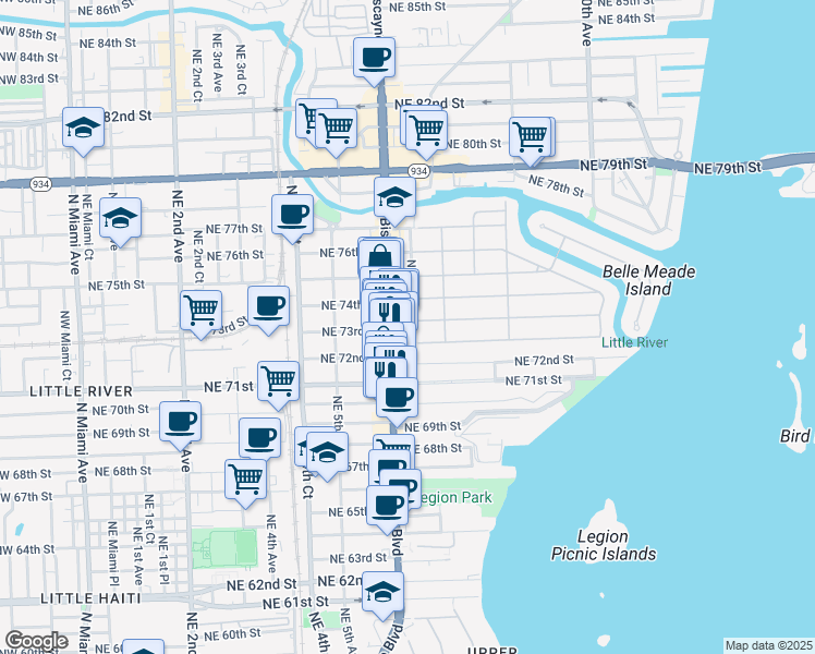 map of restaurants, bars, coffee shops, grocery stores, and more near 7281 Biscayne Boulevard in Miami