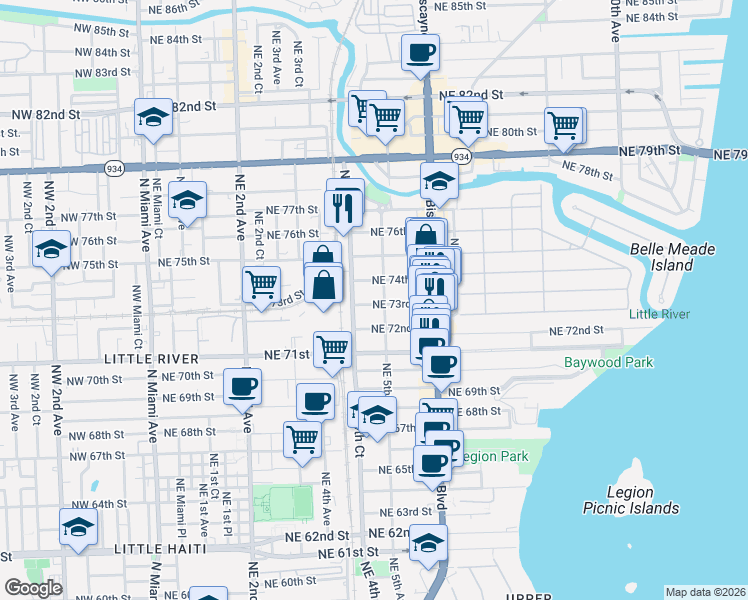 map of restaurants, bars, coffee shops, grocery stores, and more near 448 Northeast 73rd Street in Miami