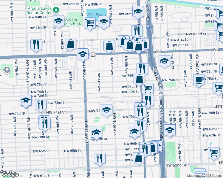 map of restaurants, bars, coffee shops, grocery stores, and more near 1041 Northwest 73rd Street in Miami
