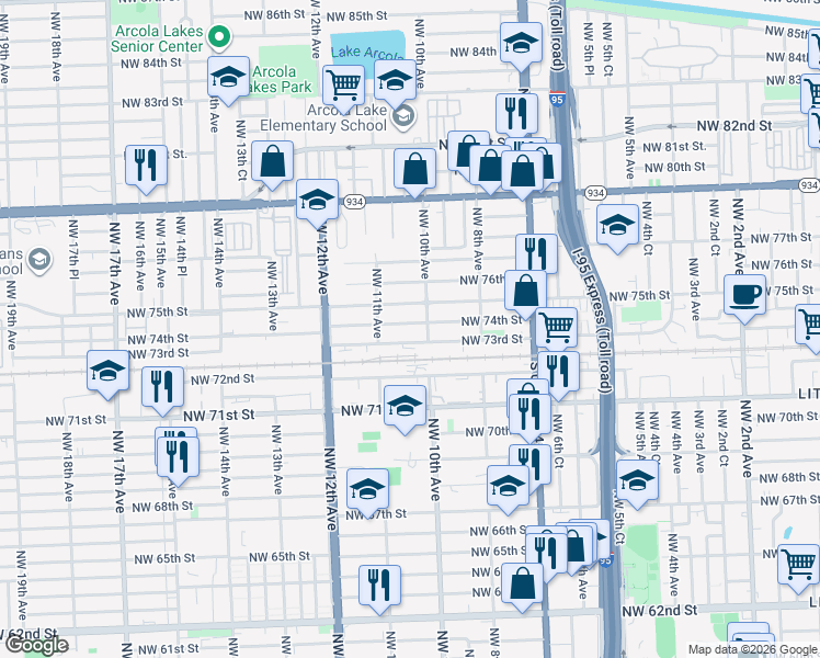map of restaurants, bars, coffee shops, grocery stores, and more near 1041 Northwest 73rd Street in Miami