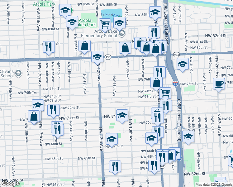 map of restaurants, bars, coffee shops, grocery stores, and more near 1122 Northwest 74th Street in Miami