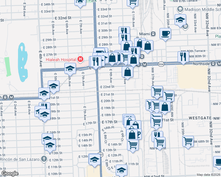 map of restaurants, bars, coffee shops, grocery stores, and more near 909 East 21st Street in Hialeah