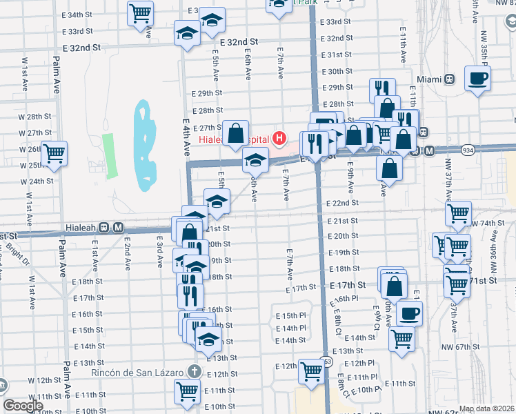 map of restaurants, bars, coffee shops, grocery stores, and more near 625 East 22nd Street in Hialeah