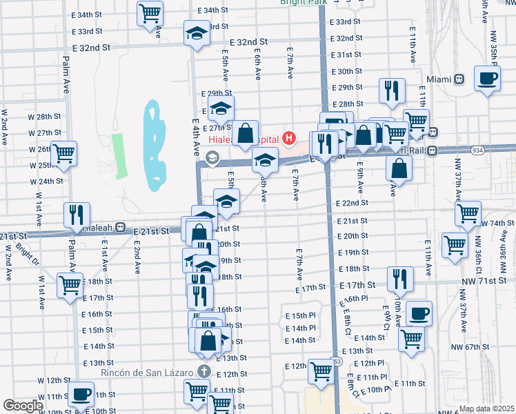 map of restaurants, bars, coffee shops, grocery stores, and more near 551 East 22nd Street in Hialeah