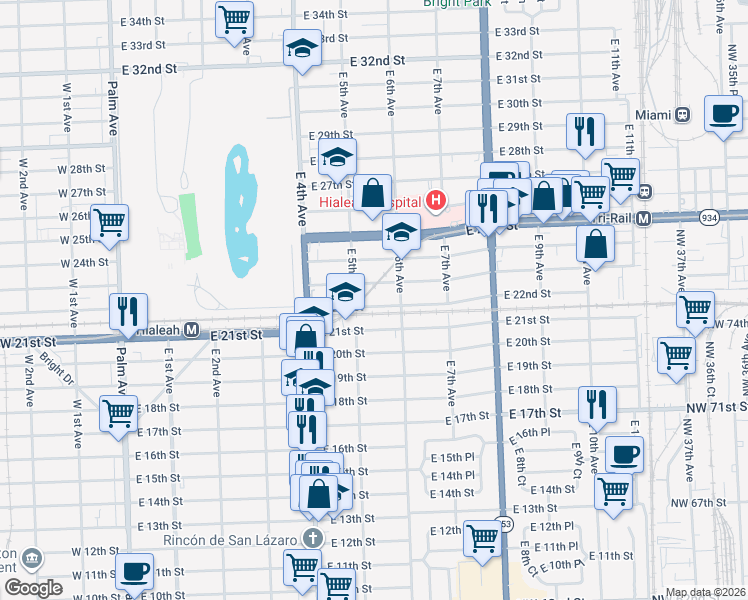 map of restaurants, bars, coffee shops, grocery stores, and more near 551 East 22nd Street in Hialeah