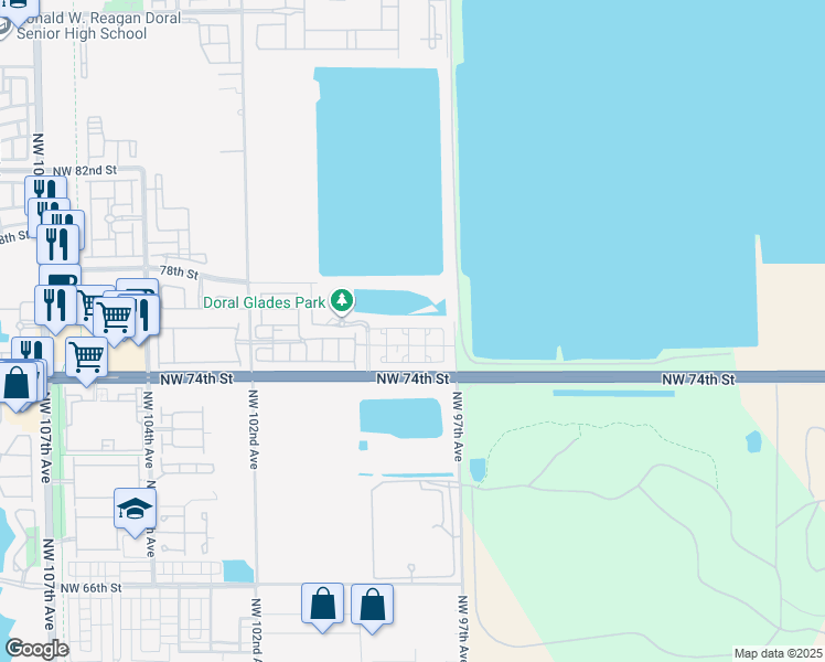 map of restaurants, bars, coffee shops, grocery stores, and more near 9825 Northwest 75th Street in Doral
